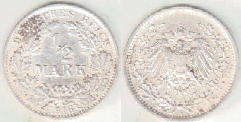 1916 A Germany silver 1/2 Mark A000681